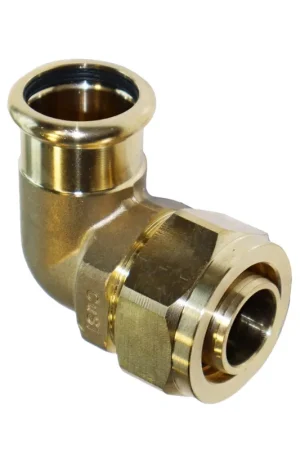 Extra voordeel - Henco overgangsknie 90°, messing, rvs, pers x knel, type 46P, epdm, 16 bar, 32 x 28 (cu) mm