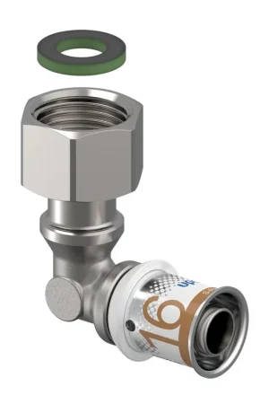 Bestseller - Uponor schroefknie 90°, S-Press Plus, messing vertind, binnendraad x pers, wartel, Kiwa, ½" x 16 mm