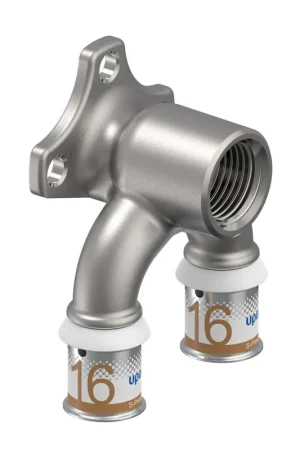 Uponor doorstroom muurplaat, S-Press Plus, messing vertind, binnendraad x pers, Kiwa, ½" x 16 mm - Aanrader
