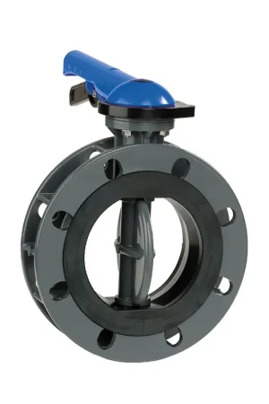 Nu beschikbaar | VDL vlinderklep, pvc-u, rvs, handbediend, blauwe handgreep, epdm, 10 bar, DN125, 140 mm