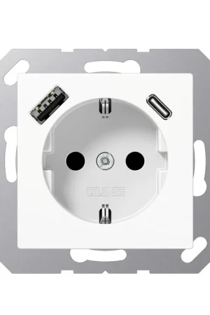 Uitverkoop | Jung wandcontactdoos, A range, met RA, USB A/C, kinderveiligheid, alpin wit