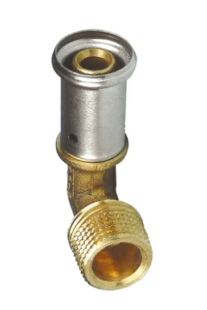 Henco draadknie 90°, messing, rvs, pers x buitendraad, type 5P, epdm, 16 bar, 16 mm x ½" - Laatste stuks