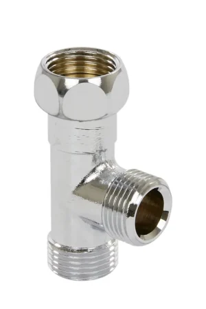 Gratis retourneren - Schell T-stuk 90° voor hoekstopkraan, verchroomd, 2x buitendraad / 1x binnendraad,3/8" x 3/8" x 3/8"