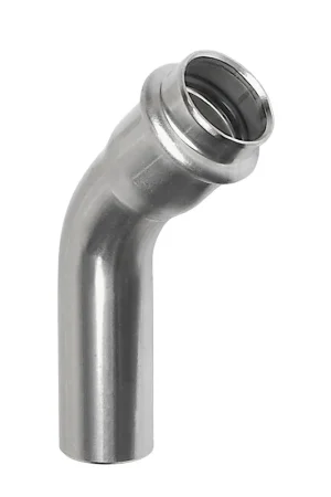 Voorraad bijna op | Sanha NiroSan bocht 45°, rvs 316L, spie x pers, 15 mm