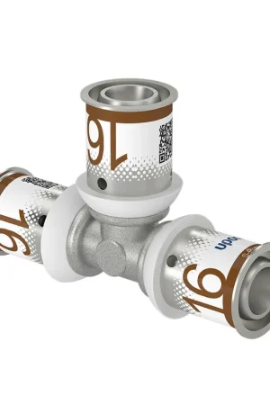 Uponor T-stuk 90°, S-Press Plus, messing vertind, 3 pers, Kiwa, 16 x 16 x 16 mm - Online bestelbaar