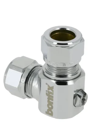 Bonfix hoekstopkraan, messing verchroomd, haaks, schroevendraaier bediend, 2x knel, Kiwa, 15 x 10 mm - Zeer goed beoordeeld