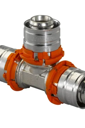Direct bestellen | Uponor T-stuk 90°, S-Press, messing vertind, 3x pers, Kiwa, 40 x 40 x 40 mm