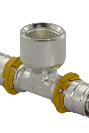 Laatste stuks | Uponor schroef T-stuk 90°, S-Press, vertind, 2x pers / 1x binnendraad, Kiwa, 40 mm x ¾" x 40 mm