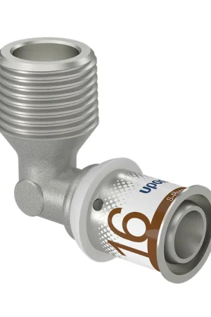 Actieprijs | Uponor draadknie 90°, S-Press Plus, messing vertind, buitendraad x pers, Kiwa, ½" x 16 mm