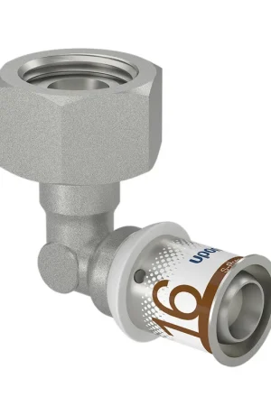 Uponor schroefknie 90°, Geberit, S-Press Plus, messing vertind, bi.dr. x pers, Kiwa, ½" x 16 mm | Direct van de fabrikant