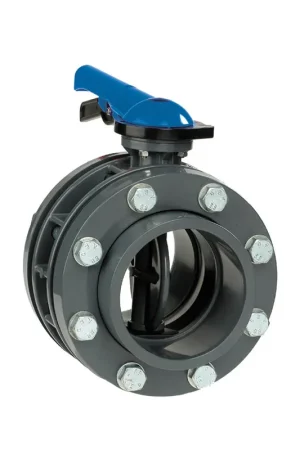 Direct beschikbaar | VDL vlinderklep, pvc-u, incl. flensset, handbediend, blauwe handgreep, epdm, 10 bar, DN100, 125 mm