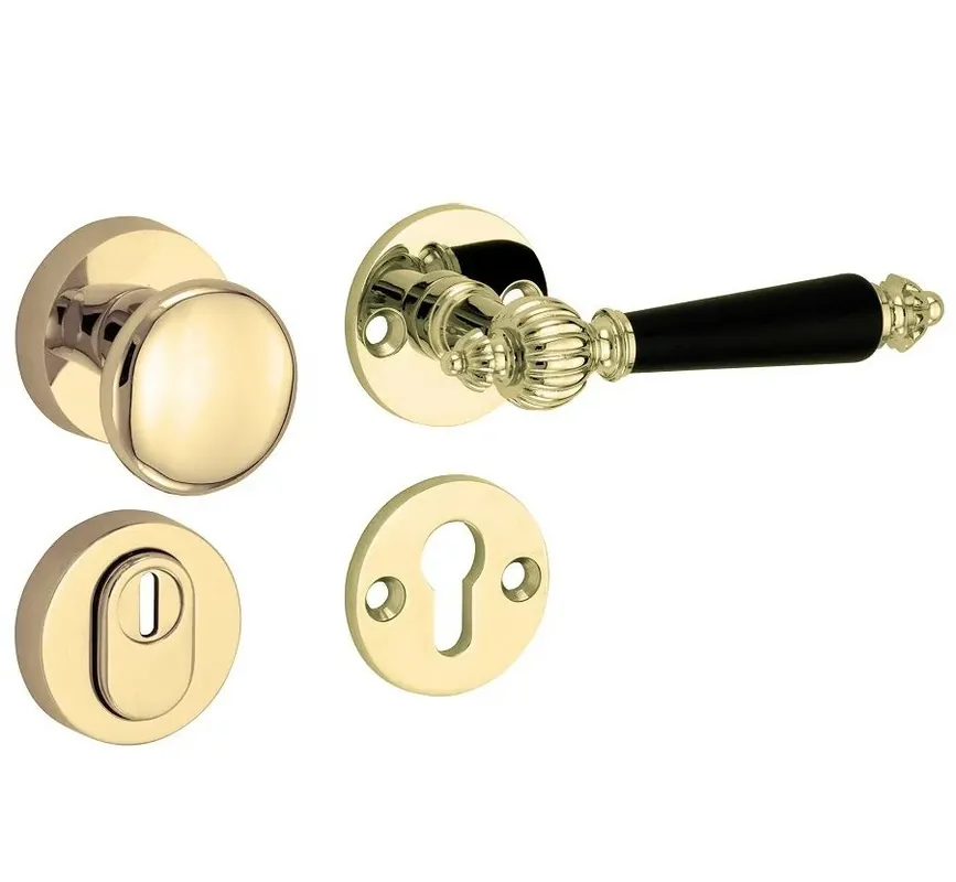 Bestel nu - SKG3 knop/kruk op rozet Nouveau rechts + kerntrekbeveiliging messing gelakt/messing PVD
