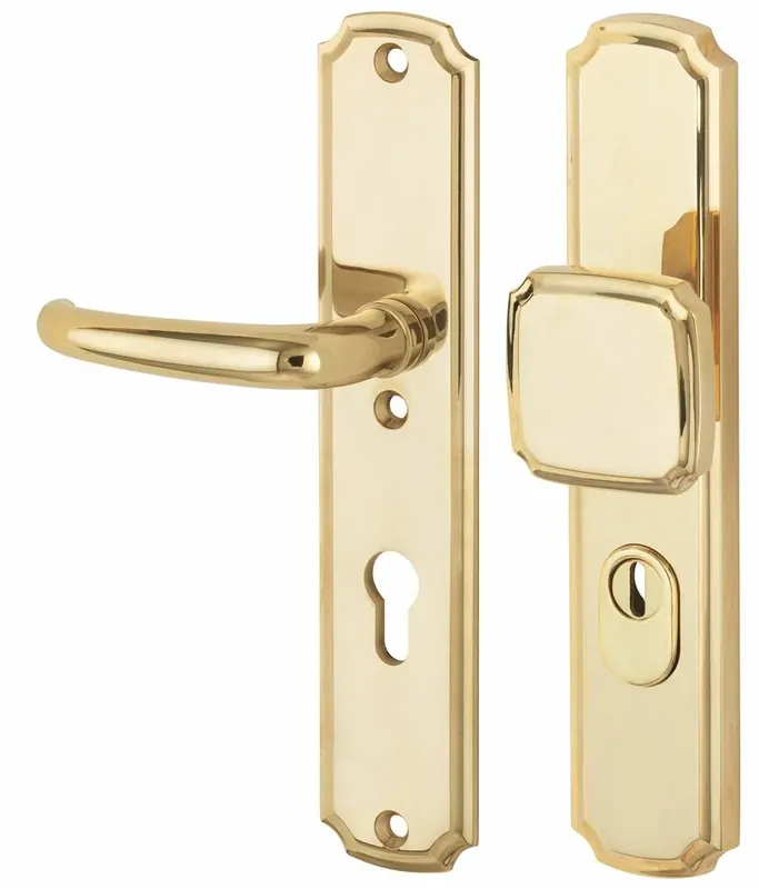 Voorraad bijna op - SKG3 PC72 knop/kruk op schild Halfsabel/Art-Nouveau links + kerntrekbeveiliging messing ongelakt
