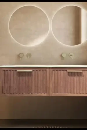 Badkamermeubel Sora 138cm donker eiken met dubbele beige glazen wastafel – hangend softclose meubel - Alleen vandaag